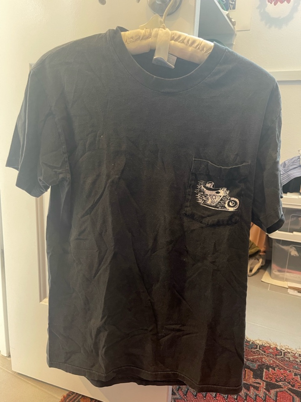 Men's Black Short-Sleeve Pocket Tee with Motorcycle Patch